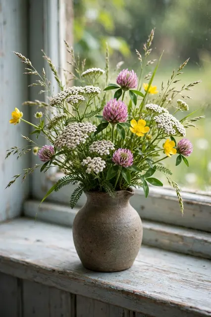 A stoneware jug holding a wildflower bouquet rests on a weathered cottage windowsill.