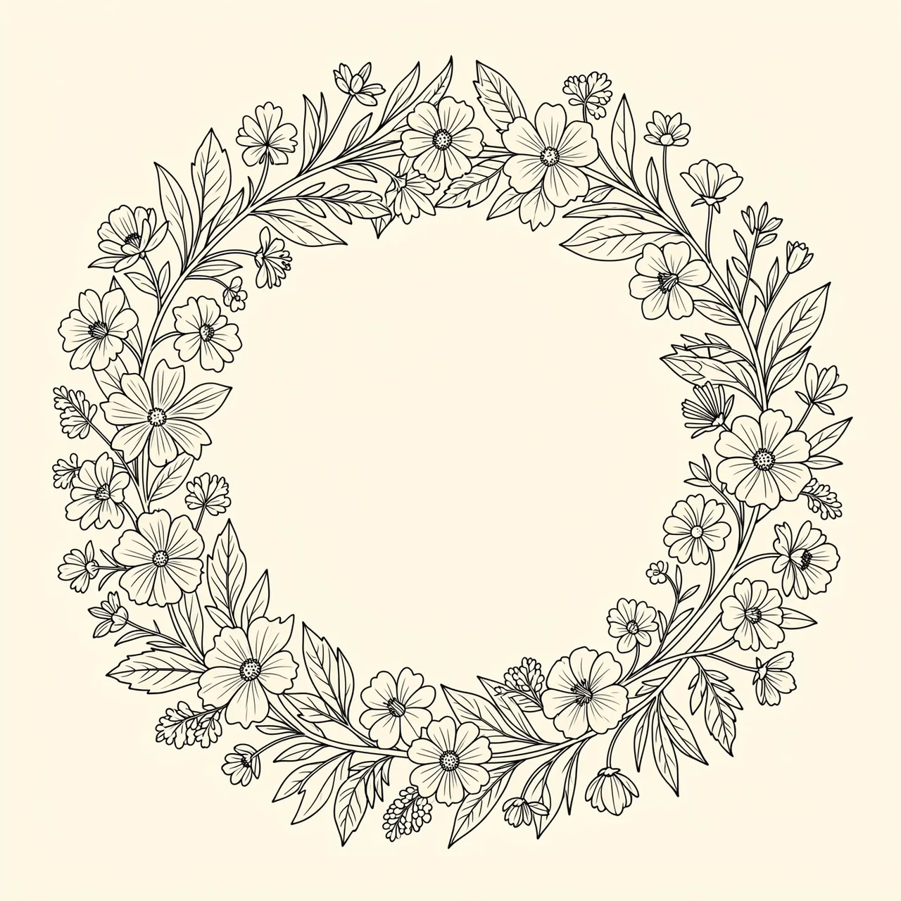 A continuous line drawn circular wildflower wreath on a plain cream background with empty center space