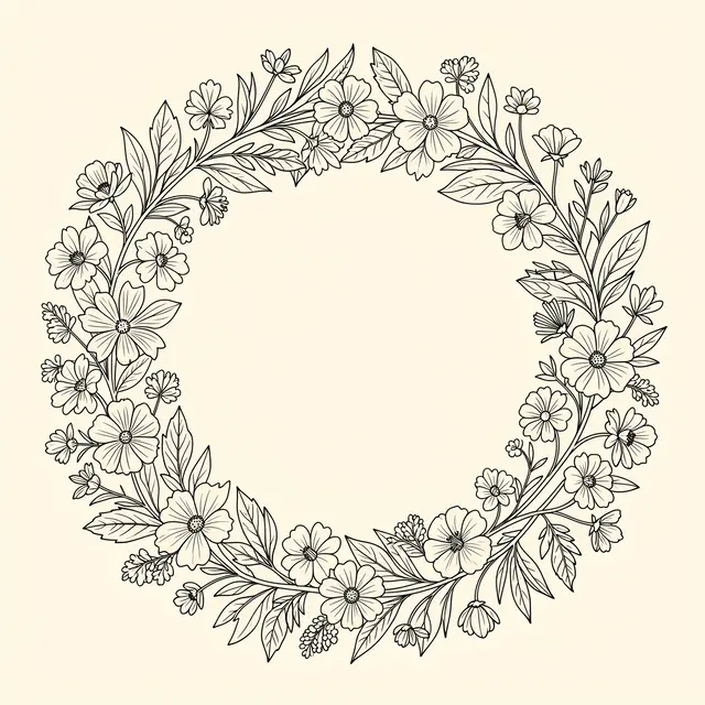 A continuous line drawn circular wildflower wreath on a plain cream background with empty center space