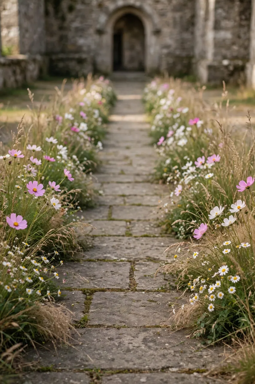 An old stone pathway is lined with pink cosmos, chamomile and grasses leading to a weathered stone archway.