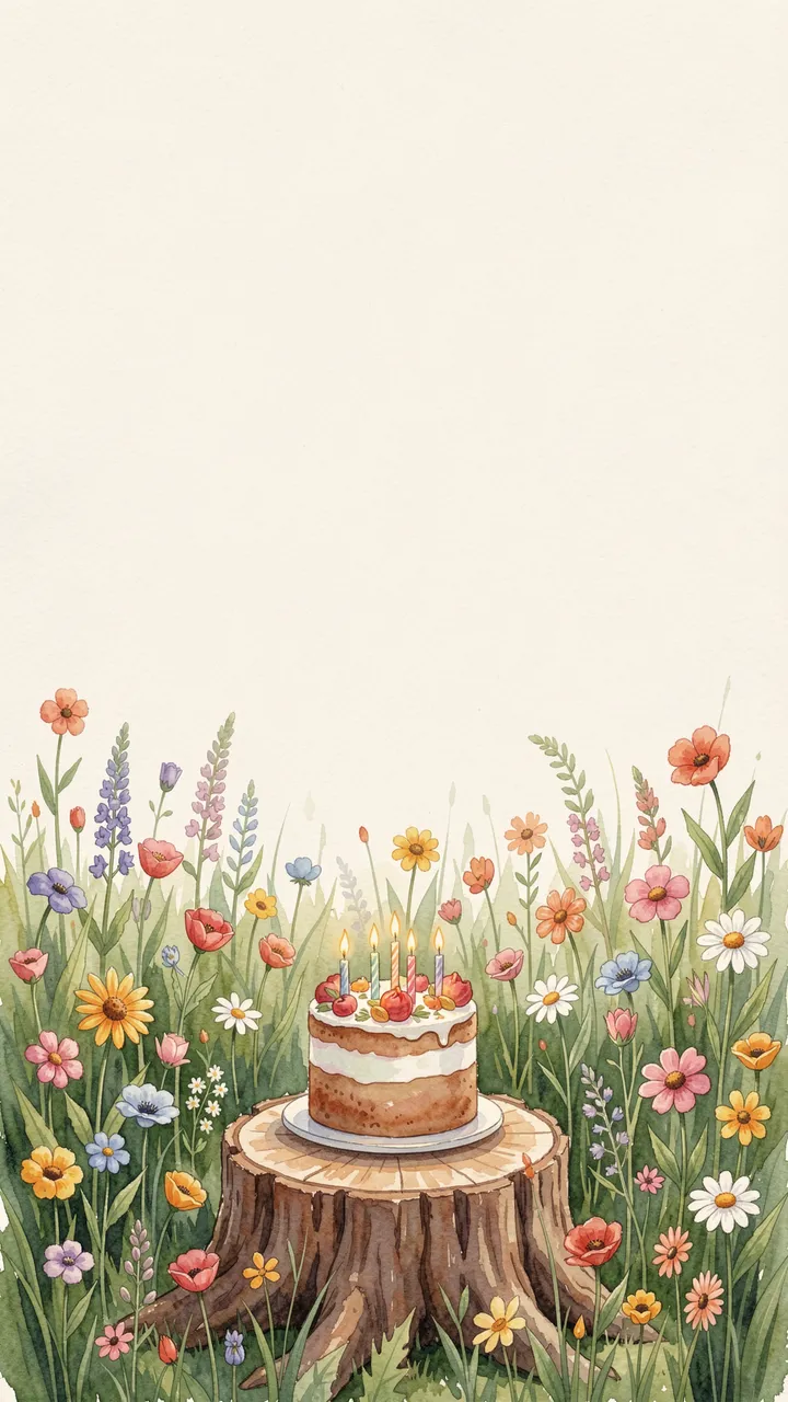 A watercolor illustration shows a small birthday cake on a tree stump surrounded by wildflowers, with empty cream copy space
