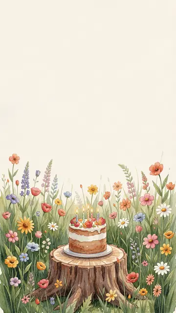 A watercolor illustration shows a small birthday cake on a tree stump surrounded by wildflowers, with empty cream copy space