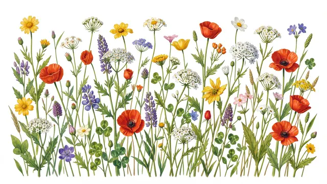 Hand-painted row of mixed wildflowers including poppies, clover and yarrow on a warm white background