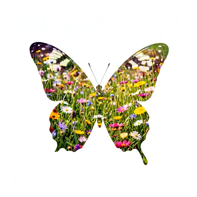 Double exposure butterfly silhouette filled with colorful summer wildflowers on a plain white background