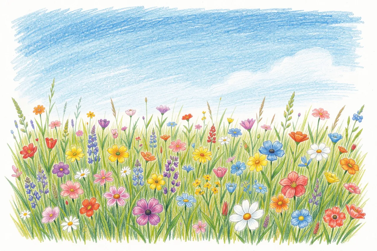 Hand-drawn colored pencil illustration of a vibrant wildflower meadow under a soft blue sky