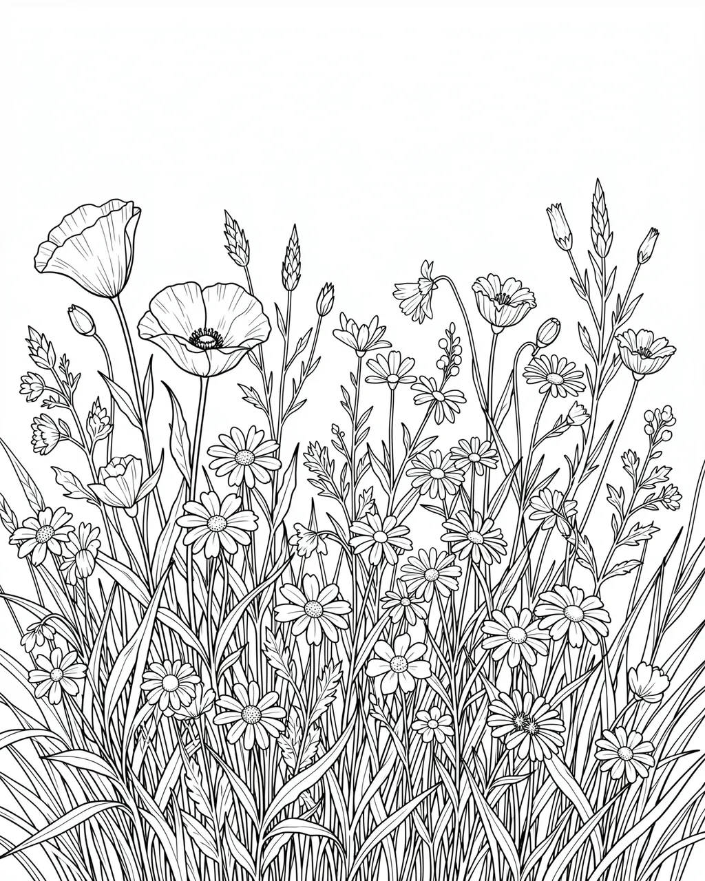 Black and white line art coloring page of an intricate wildflower meadow on a plain white background