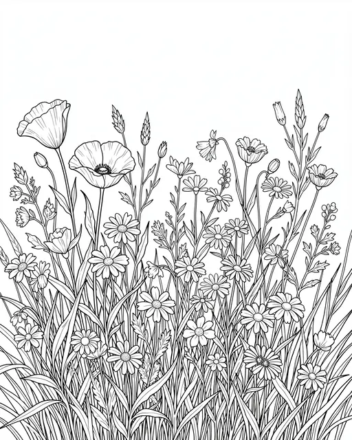 Black and white line art coloring page of an intricate wildflower meadow on a plain white background