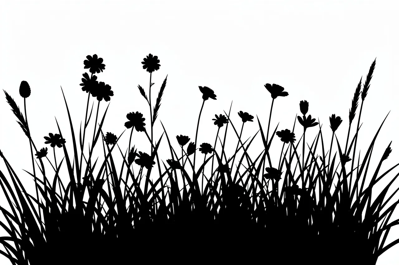 Solid black wildflower and tall grass meadow silhouette against a plain white background
