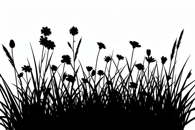 Solid black wildflower and tall grass meadow silhouette against a plain white background