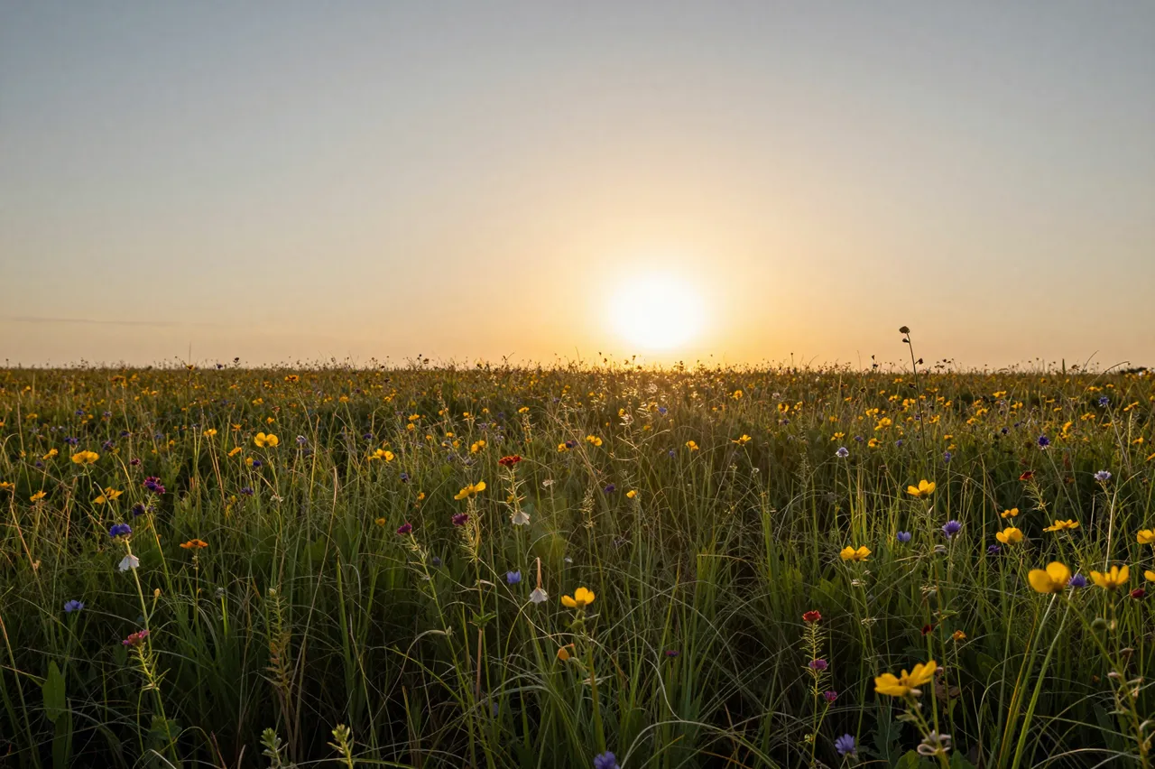 Low golden sunset sun glows above a lush field of mixed colorful wildflowers and tall grass.