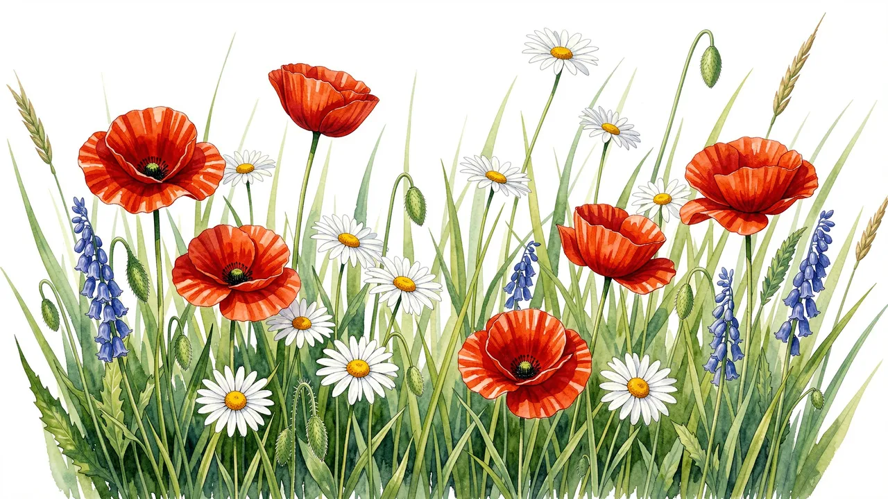 Watercolor illustration of red poppies, white daisies, and blue bell flowers growing in tall green grass against a white
