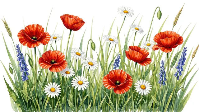 Watercolor illustration of red poppies, white daisies, and blue bell flowers growing in tall green grass against a white