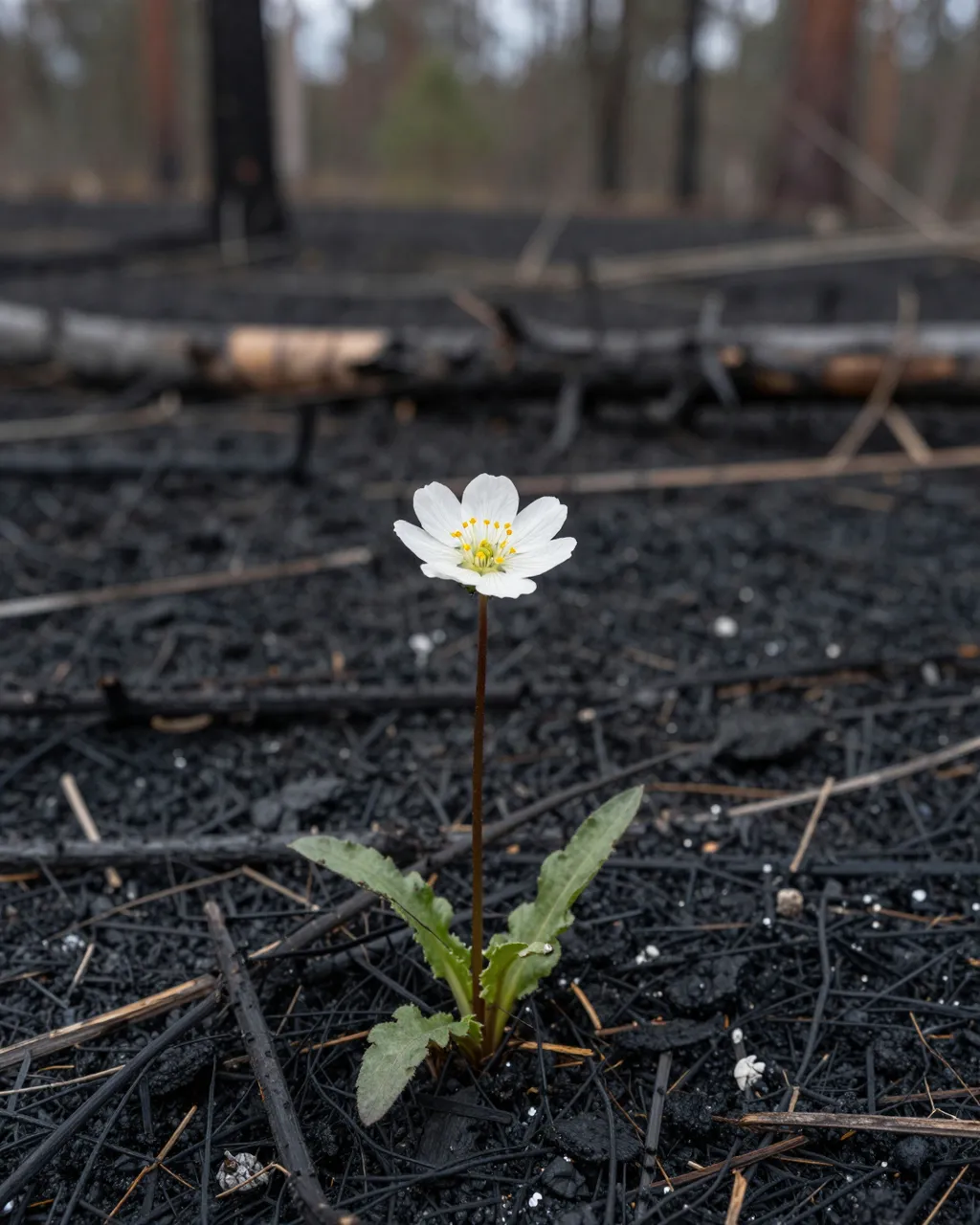 A single white wildflower blooms from black ash on a charred forest floor