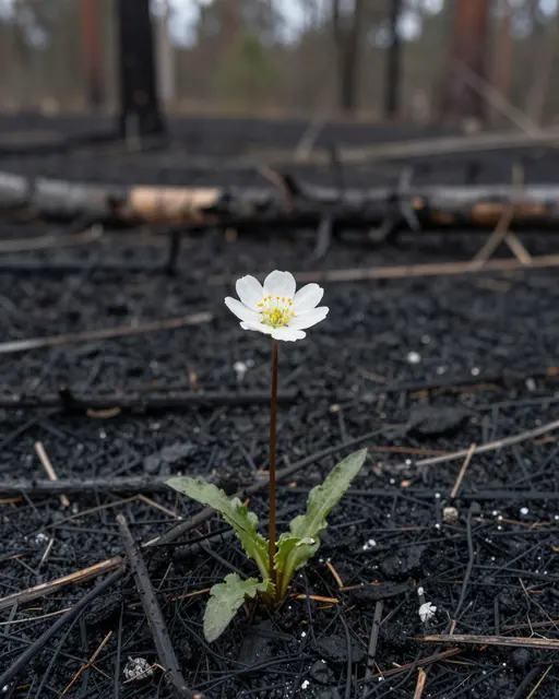 A single white wildflower blooms from black ash on a charred forest floor