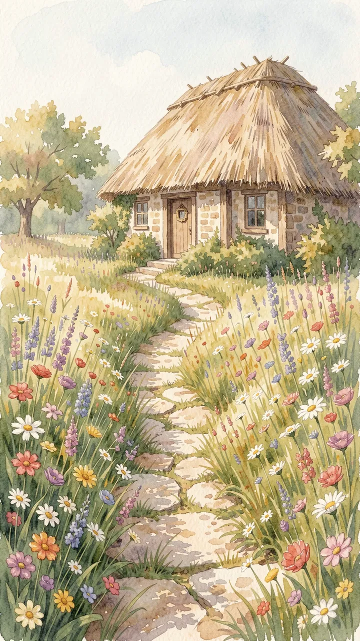 Watercolor illustration of a winding stone path leading to a thatched cottage surrounded by tall wildflowers