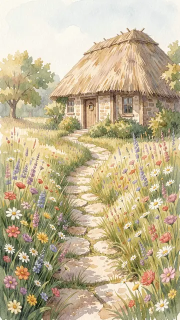 Watercolor illustration of a winding stone path leading to a thatched cottage surrounded by tall wildflowers