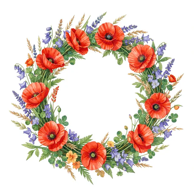 A circular watercolor wildflower wreath of poppies, harebells, clover and grasses on a plain white background
