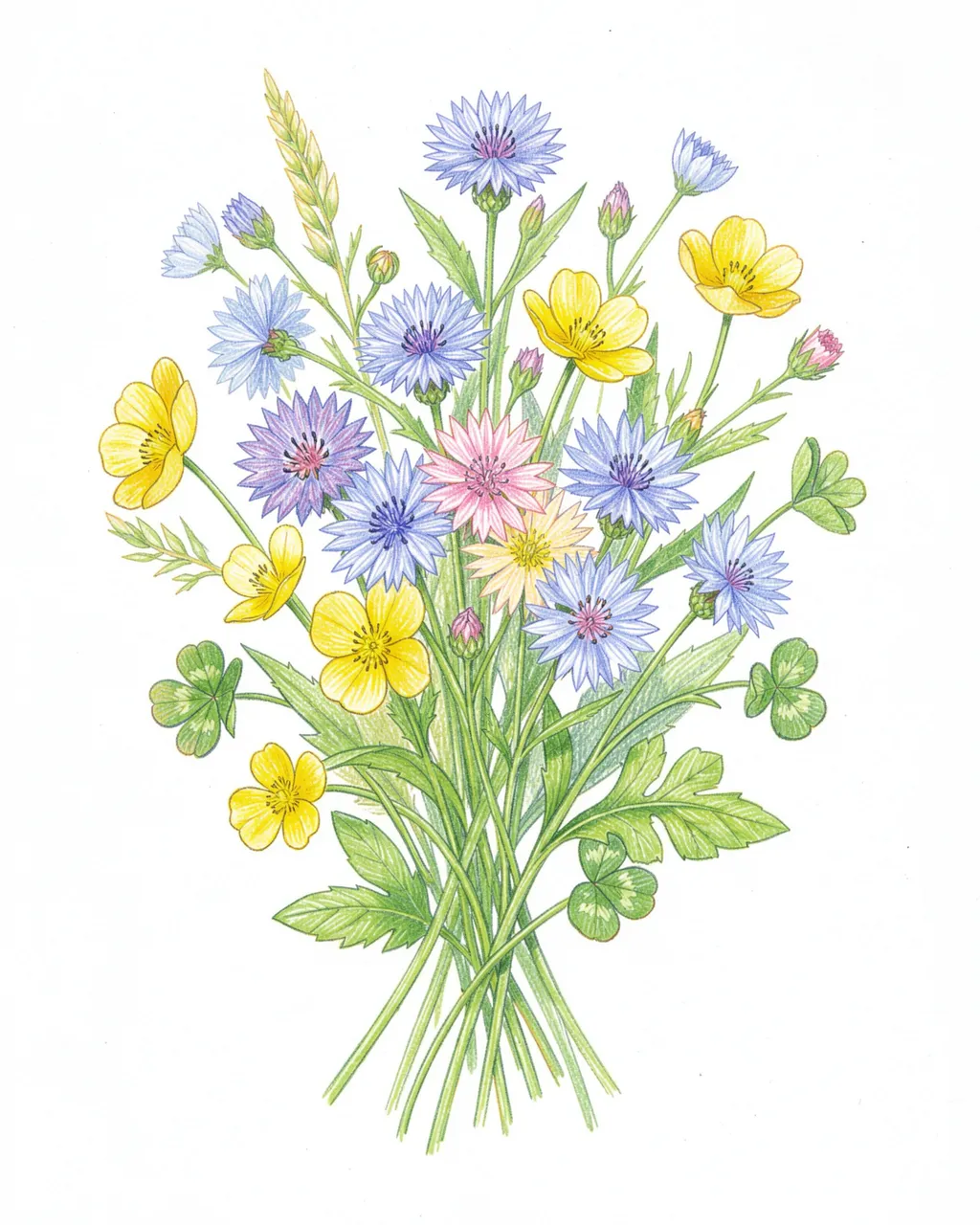 A delicate colored pencil sketch of a posy of cornflowers, buttercups, and clover on plain white paper.