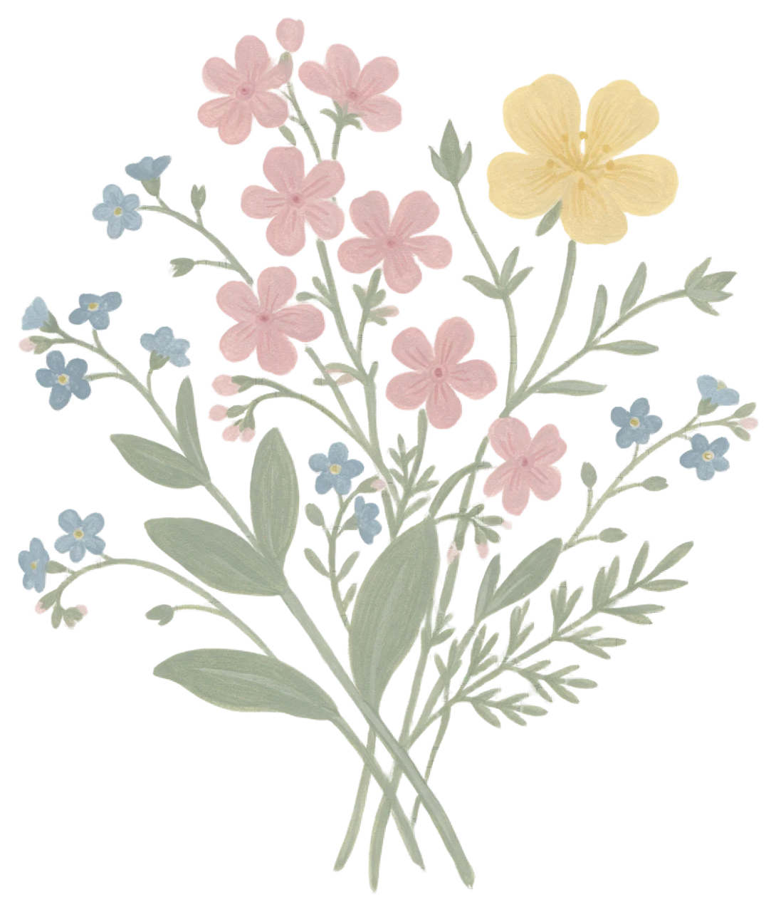 Hand-painted gouache posy of pink, yellow and blue wildflowers with green stems and foliage