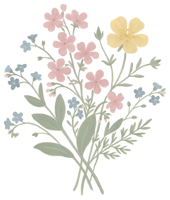 Hand-painted gouache posy of pink, yellow and blue wildflowers with green stems and foliage
