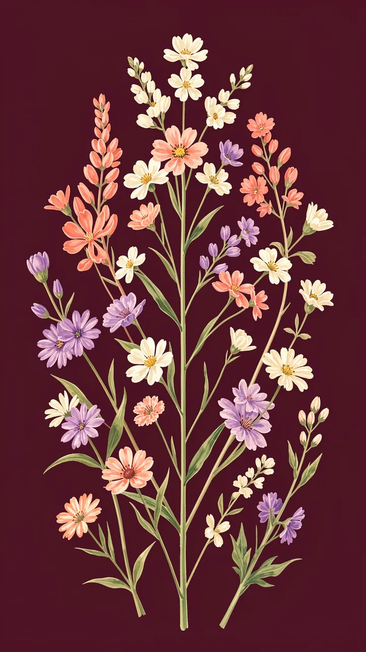 Hand-painted wildflower arrangement in coral, violet and cream against a deep burgundy backdrop