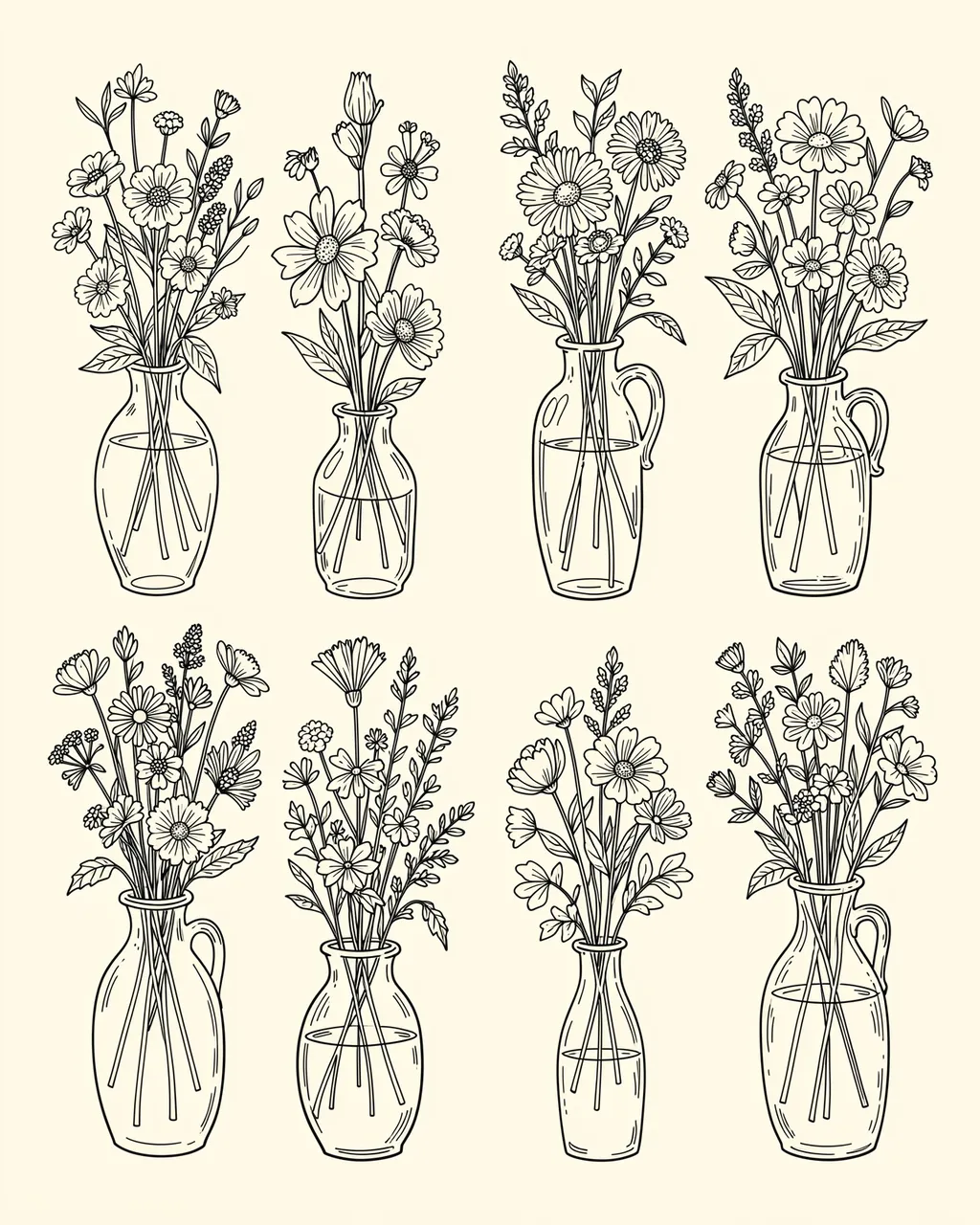 Eight thin black line doodle illustrations of wildflower bouquets in glass vases arranged on an ivory background