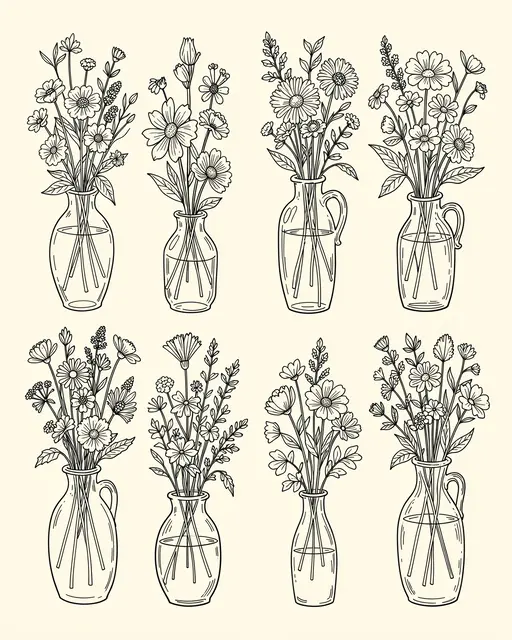 Eight thin black line doodle illustrations of wildflower bouquets in glass vases arranged on an ivory background