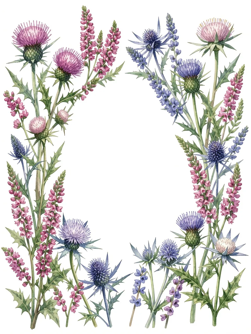 Watercolor illustration of thistles, heather, and sea holly arranged as a border around an empty white center