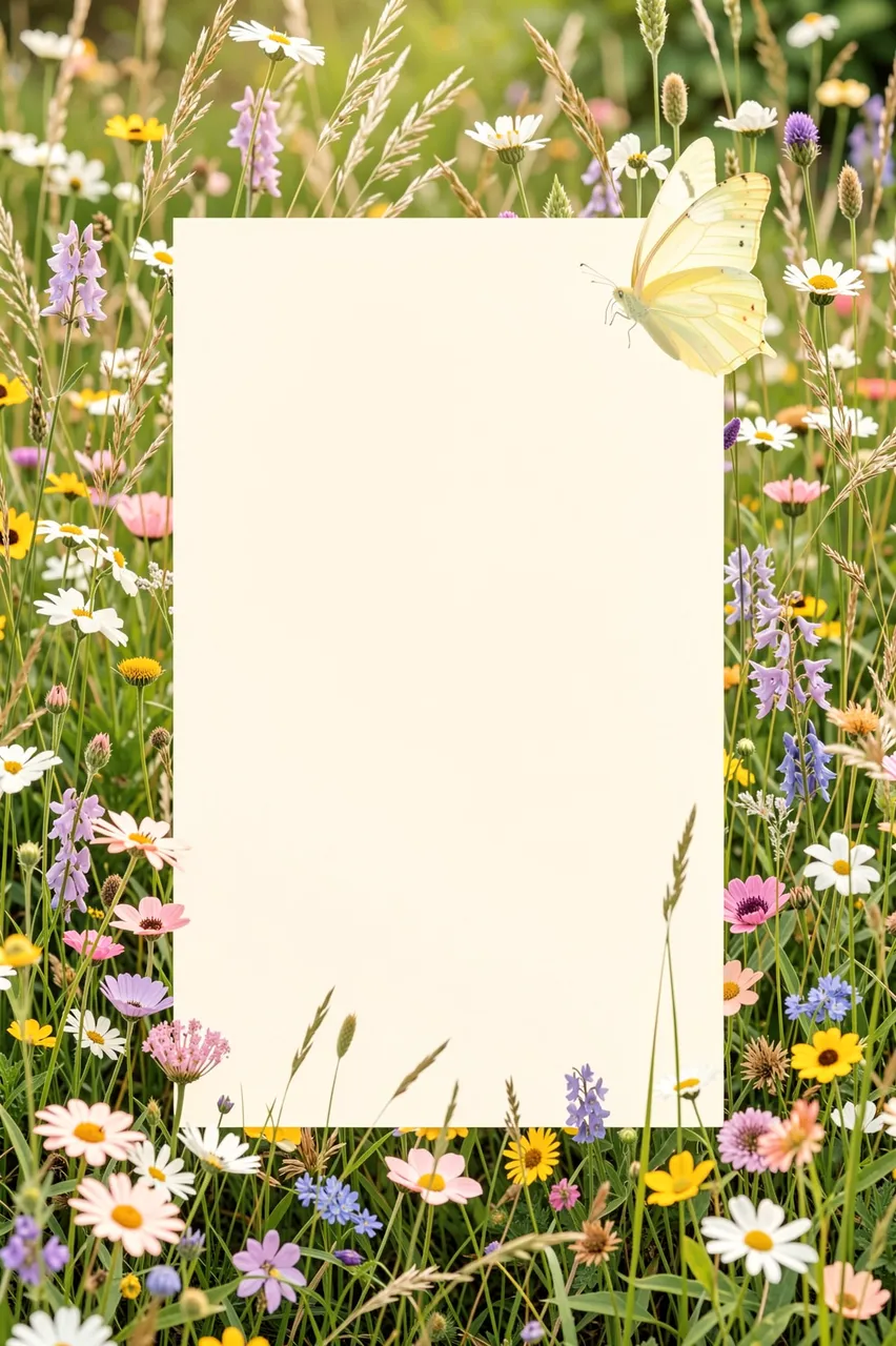 A blank cream rectangular frame sits amid wild meadow flowers with a pale yellow butterfly perched on its edge