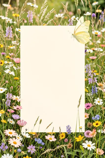 A blank cream rectangular frame sits amid wild meadow flowers with a pale yellow butterfly perched on its edge