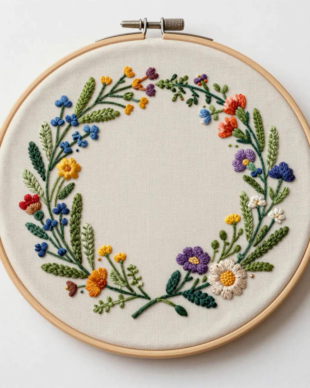 Hand stitched wildflower wreath embroidery on linen in a wooden hoop with an empty center