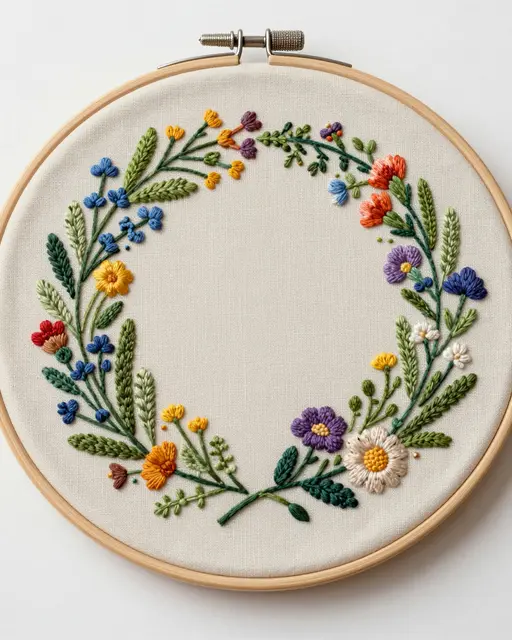 Hand stitched wildflower wreath embroidery on linen in a wooden hoop with an empty center