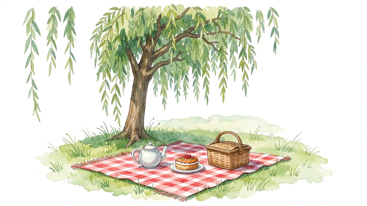 Watercolor illustration of a checkered picnic blanket with teapot, cake and basket under a willow tree