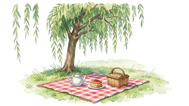 Watercolor illustration of a checkered picnic blanket with teapot, cake and basket under a willow tree