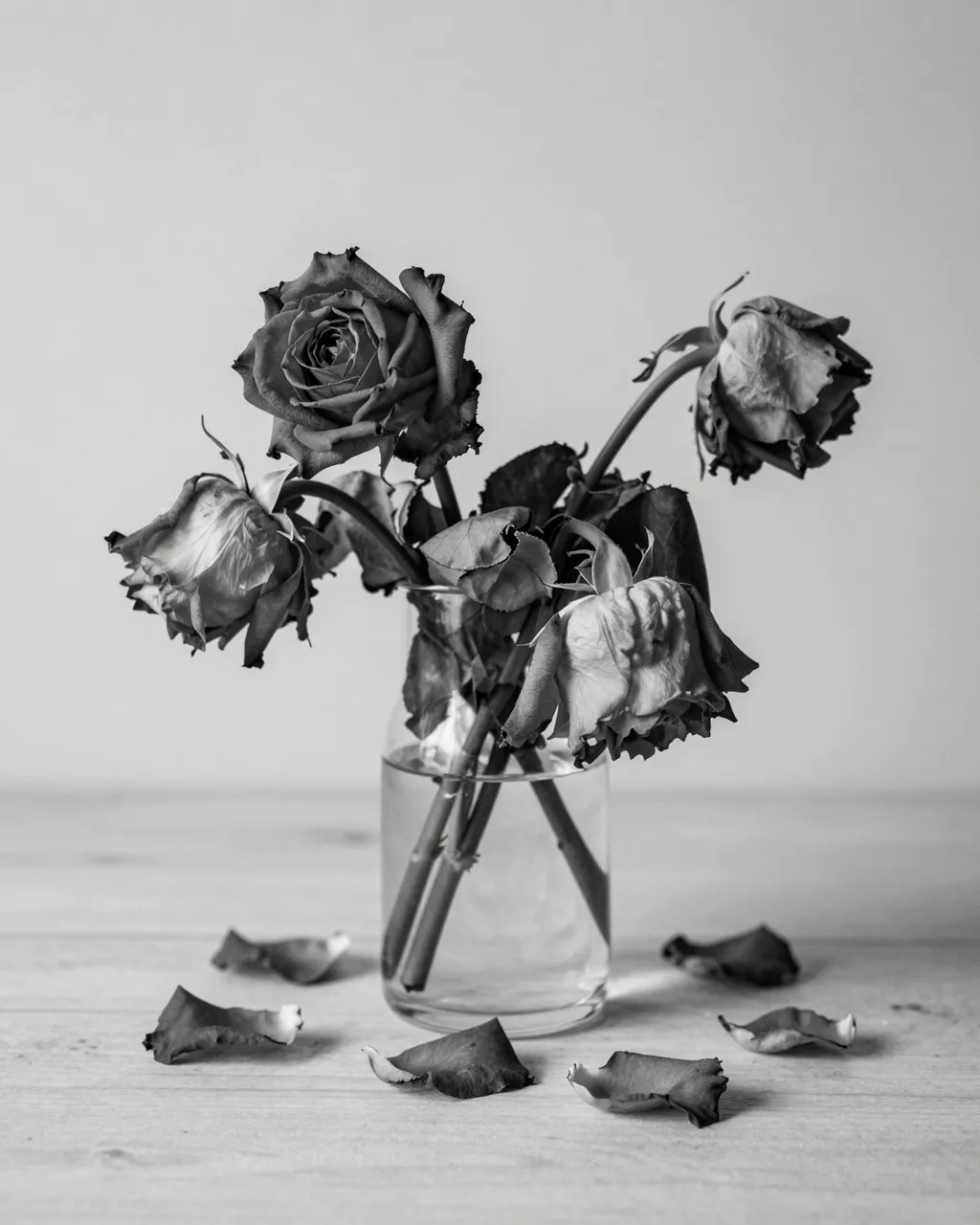 Black and white still life of drooping wilted roses in a glass vase with fallen petals on a wooden table