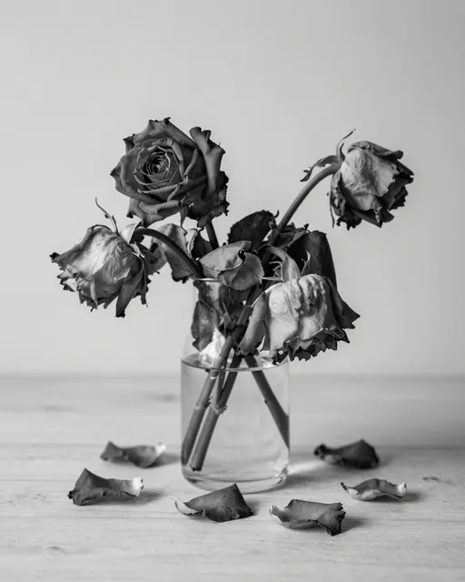 Black and white still life of drooping wilted roses in a glass vase with fallen petals on a wooden table