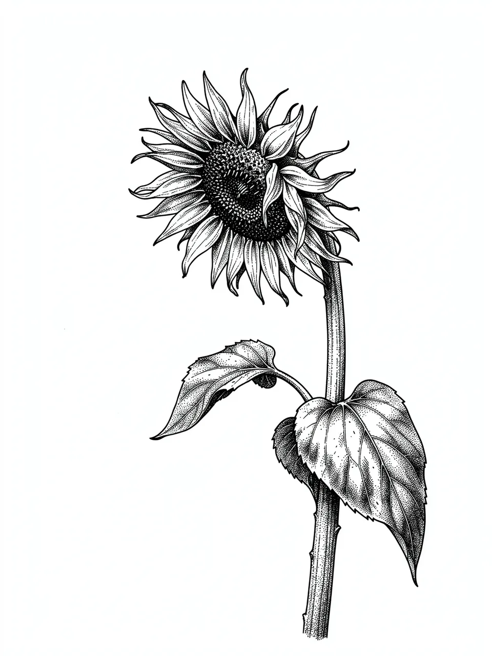 Pen and ink stippled drawing of a bowing wilting sunflower on a plain white background