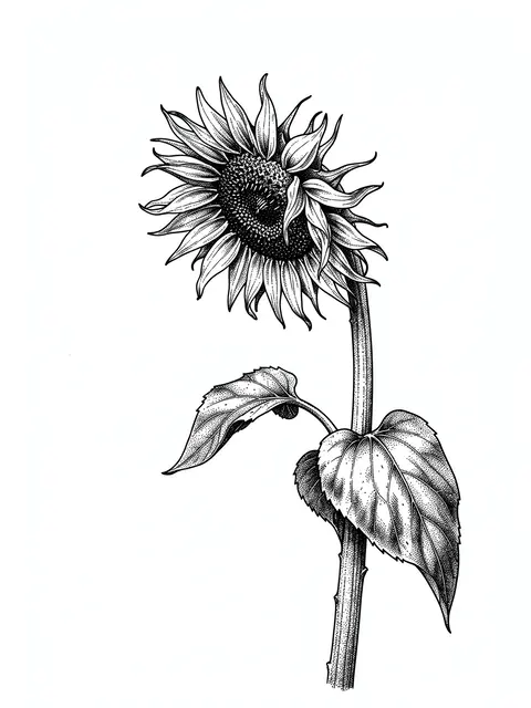 Pen and ink stippled drawing of a bowing wilting sunflower on a plain white background