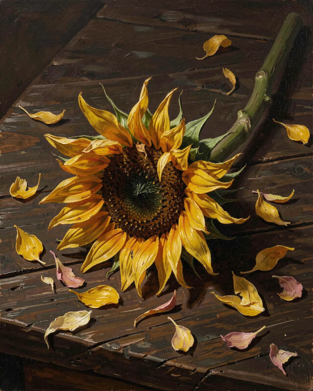 A wilting sunflower rests on a dark wooden table surrounded by scattered fallen petals in a moody oil painting.