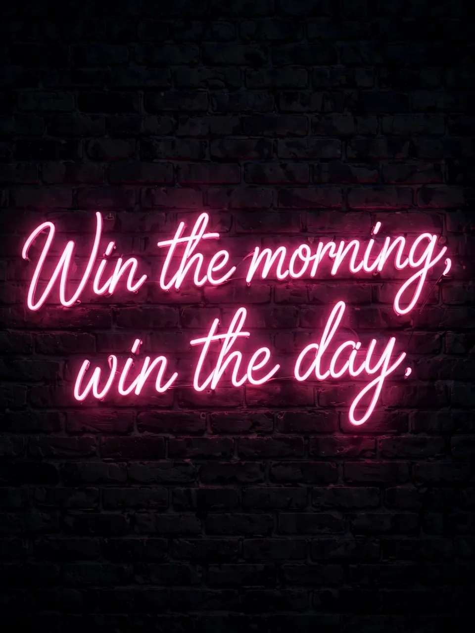 Glowing pink neon script sign reading "Win the morning, win the day." mounted on a dark brick wall at night
