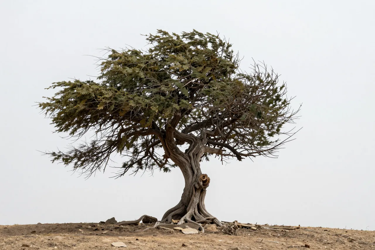 A gnarled wind-shaped evergreen tree stands alone on a dry bare hilltop under an overcast sky