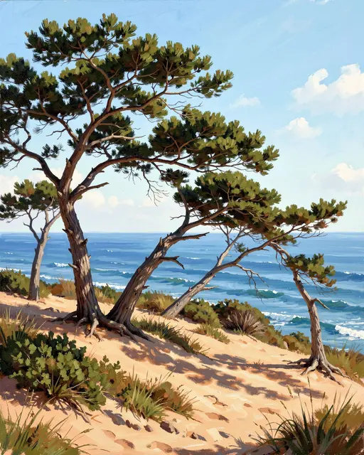 Plein air painting of wind-shaped pine trees growing on a sandy headland overlooking a blue ocean under a bright sky