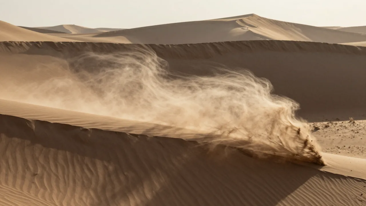 Wind lifts plumes of sand over sharp desert dunes in warm late afternoon light