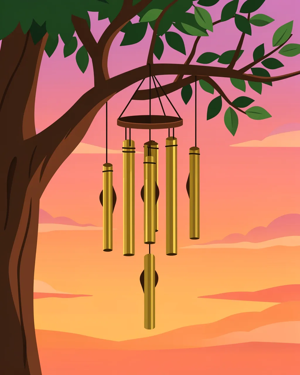 Brass wind chimes hang from a leafy tree branch against a gradient sunset sky
