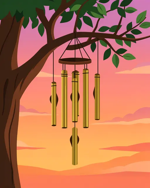 Brass wind chimes hang from a leafy tree branch against a gradient sunset sky