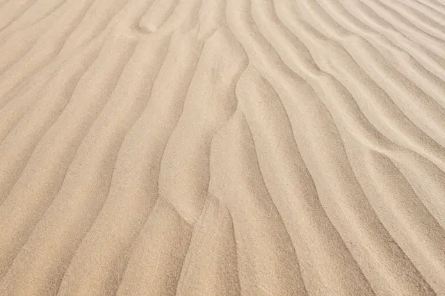 Close-up view of fine light beach sand with smooth undulating wind-formed ripples across the surface