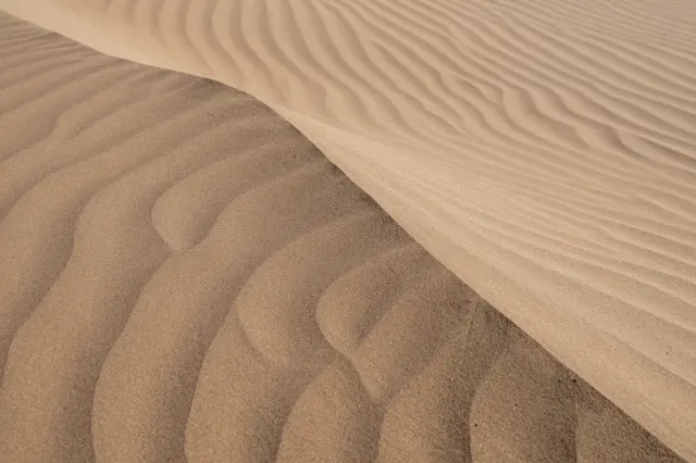 Close-up of a sharp sand ridge showing rippled wind patterns and contrasting sunlit and shaded sand