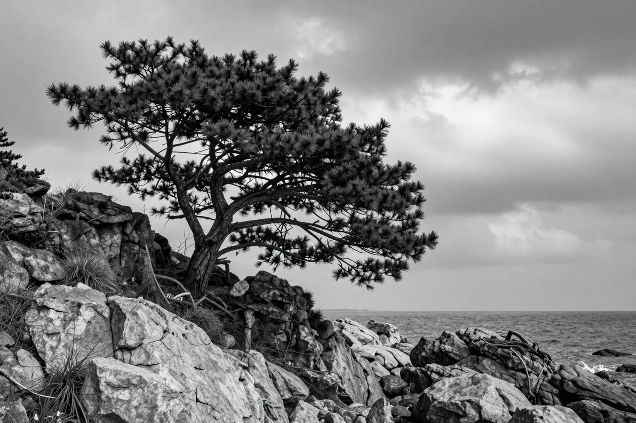 A wind-shaped pine tree grows from rocky coastal terrain beneath heavy overcast clouds over the sea