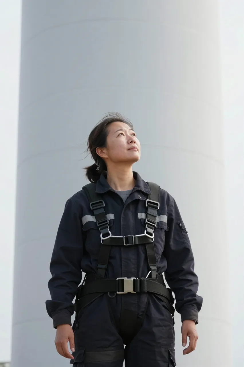 A female wind technician in a safety harness looks up while standing at the base of a large turbine tower