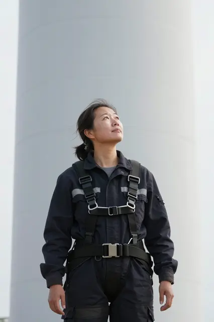 A female wind technician in a safety harness looks up while standing at the base of a large turbine tower
